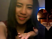 Asian lady dances striptease to say hello